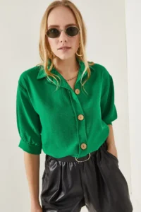 Olalook Women's Grass Green Wooden Button Three Quarter Sleeve Linen Shirt - Image 3