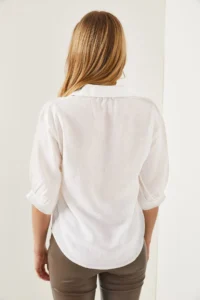 Olalook Women's White Wooden Button Three Quarter Sleeve Linen Shirt - Image 6