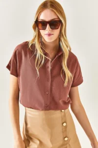 Olalook Women's Brown Bat Oversize Linen Shirt