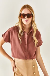 Olalook Women's Brown Bat Oversize Linen Shirt - Image 2