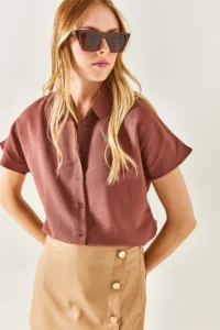 Olalook Women's Brown Bat Oversize Linen Shirt - Image 3