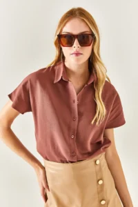 Olalook Women's Brown Bat Oversize Linen Shirt - Image 4