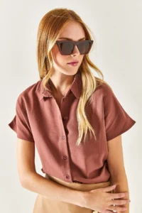 Olalook Women's Brown Bat Oversize Linen Shirt - Image 5