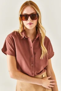 Olalook Women's Brown Bat Oversize Linen Shirt - Image 6