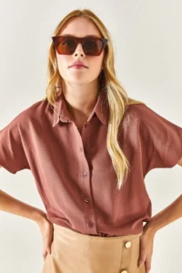 Olalook Women's Brown Bat Oversize Linen Shirt - Image 7
