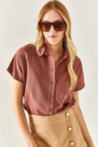 Olalook Women's Brown Bat Oversize Linen Shirt - Image 8
