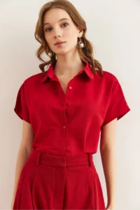 Olalook Women's Burgundy Bat Oversize Linen Shirt - Image 3