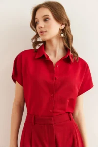 Olalook Women's Burgundy Bat Oversize Linen Shirt - Image 4