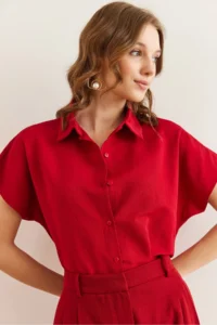 Olalook Women's Burgundy Bat Oversize Linen Shirt - Image 5