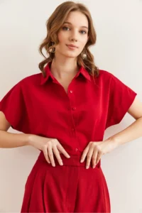 Olalook Women's Burgundy Bat Oversize Linen Shirt - Image 6