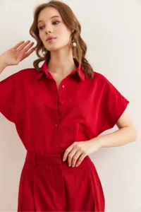 Olalook Women's Burgundy Bat Oversize Linen Shirt - Image 7