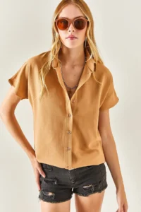 Olalook Women's Camel Bat Oversize Linen Shirt - Image 2