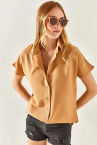 Olalook Women's Camel Bat Oversize Linen Shirt - Image 3