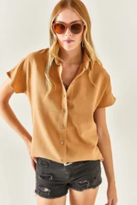 Olalook Women's Camel Bat Oversize Linen Shirt - Image 4