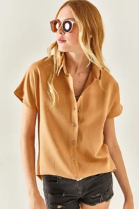 Olalook Women's Camel Bat Oversize Linen Shirt - Image 5