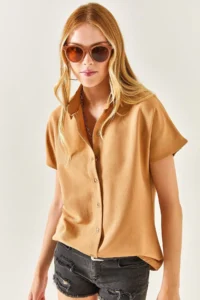 Olalook Women's Camel Bat Oversize Linen Shirt - Image 6