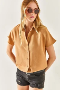 Olalook Women's Camel Bat Oversize Linen Shirt - Image 8