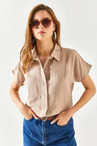 Olalook Women's Milk Coffee Bat Oversize Linen Shirt - Image 2