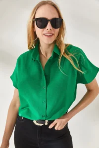 Olalook Women's Grass Green Bat Oversize Linen Shirt - Image 3