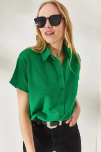Olalook Women's Grass Green Bat Oversize Linen Shirt - Image 4