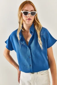 Olalook Women's Indigo Bat Oversize Linen Shirt - Image 2