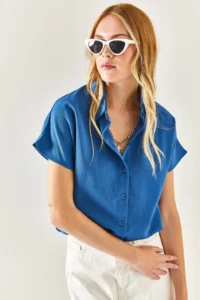 Olalook Women's Indigo Bat Oversize Linen Shirt - Image 3