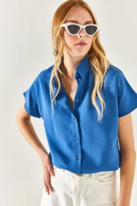 Olalook Women's Indigo Bat Oversize Linen Shirt - Image 4