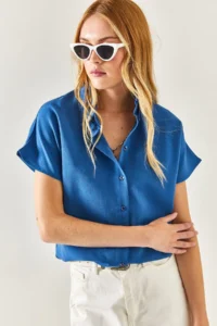 Olalook Women's Indigo Bat Oversize Linen Shirt - Image 5
