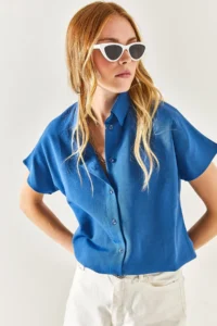 Olalook Women's Indigo Bat Oversize Linen Shirt - Image 6