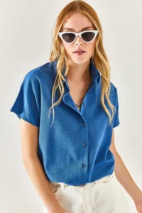 Olalook Women's Indigo Bat Oversize Linen Shirt - Image 7