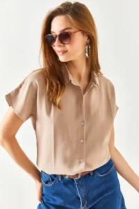 Olalook Women's Milk Coffee Bat Oversized Linen Shirt