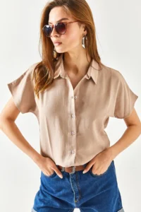 Olalook Women's Milk Coffee Bat Oversized Linen Shirt - Image 3