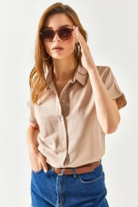 Olalook Women's Milk Coffee Bat Oversized Linen Shirt - Image 4