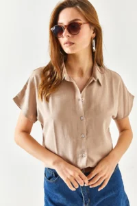 Olalook Women's Milk Coffee Bat Oversized Linen Shirt - Image 5