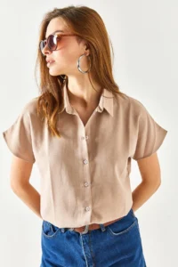 Olalook Women's Milk Coffee Bat Oversized Linen Shirt - Image 6
