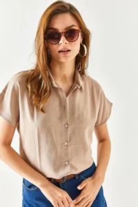 Olalook Women's Milk Coffee Bat Oversized Linen Shirt - Image 7