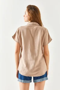 Olalook Women's Milk Coffee Bat Oversized Linen Shirt - Image 8