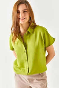 Olalook Women's Light Green Bat Oversize Linen Shirt