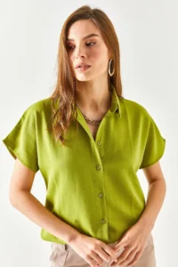 Olalook Women's Light Green Bat Oversize Linen Shirt - Image 3