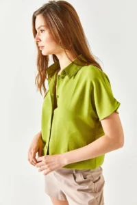 Olalook Women's Light Green Bat Oversize Linen Shirt - Image 6
