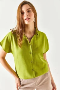 Olalook Women's Light Green Bat Oversize Linen Shirt - Image 8