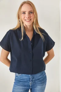 Olalook Women's Navy Blue Bat Oversize Linen Shirt - Image 2