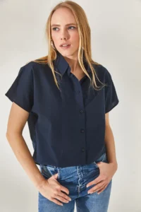 Olalook Women's Navy Blue Bat Oversize Linen Shirt - Image 3