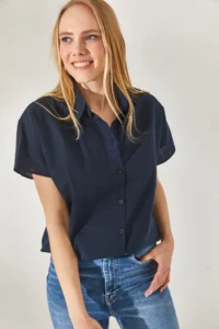 Olalook Women's Navy Blue Bat Oversize Linen Shirt - Image 4