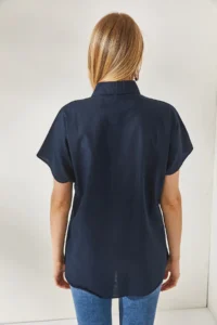 Olalook Women's Navy Blue Bat Oversize Linen Shirt - Image 5
