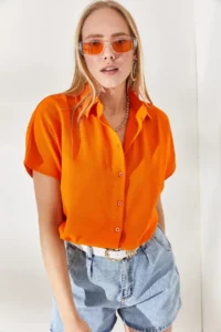 Olalook Women's Orange Bat Oversize Linen Shirt - Image 2