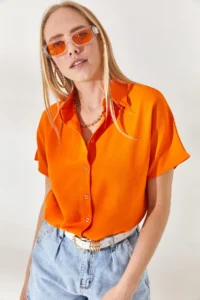 Olalook Women's Orange Bat Oversize Linen Shirt - Image 3