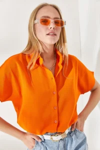 Olalook Women's Orange Bat Oversize Linen Shirt - Image 4