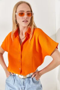 Olalook Women's Orange Bat Oversize Linen Shirt - Image 5