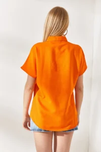 Olalook Women's Orange Bat Oversize Linen Shirt - Image 6